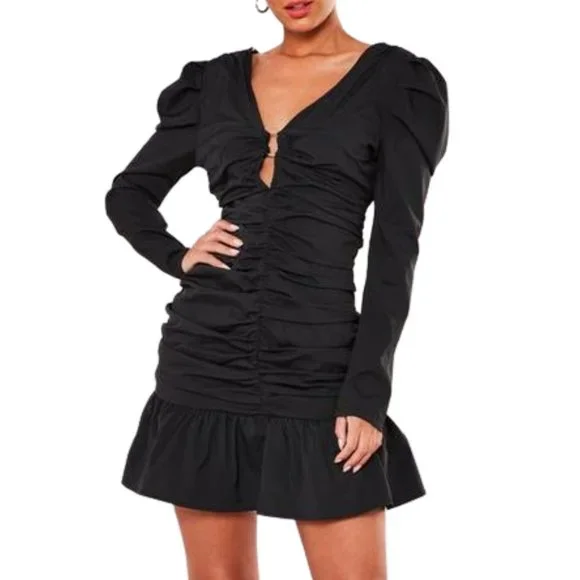 Missguided Tall Black Frill Hem Ruched Puff Sleeve Mini Dress - Women's Size 10